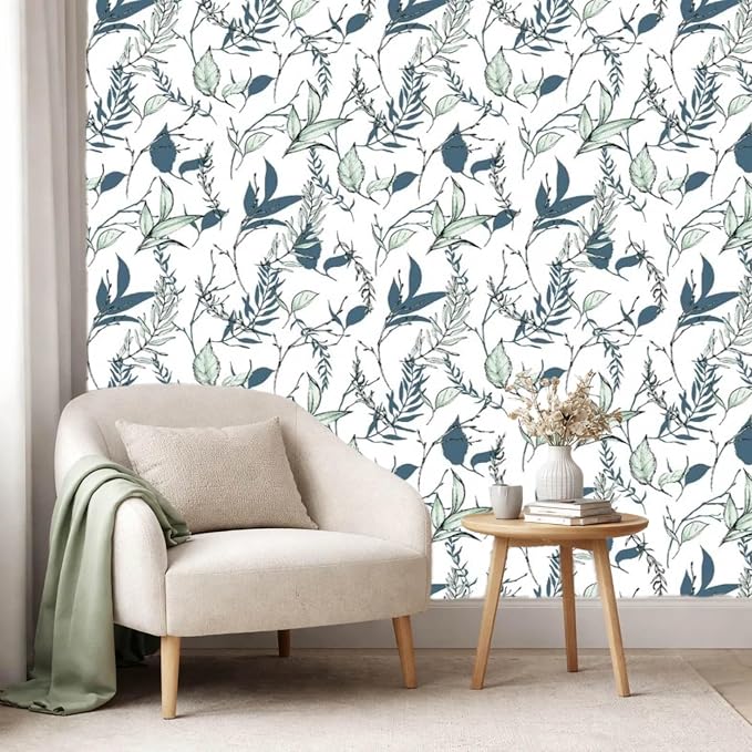Sage Green and Blue Leaf Peel and Stick Wallpaper 17.7in x 213in | Modern self-adhesive removable self adhesive waterproof wall covering for bathroom and accent walls - Image 3