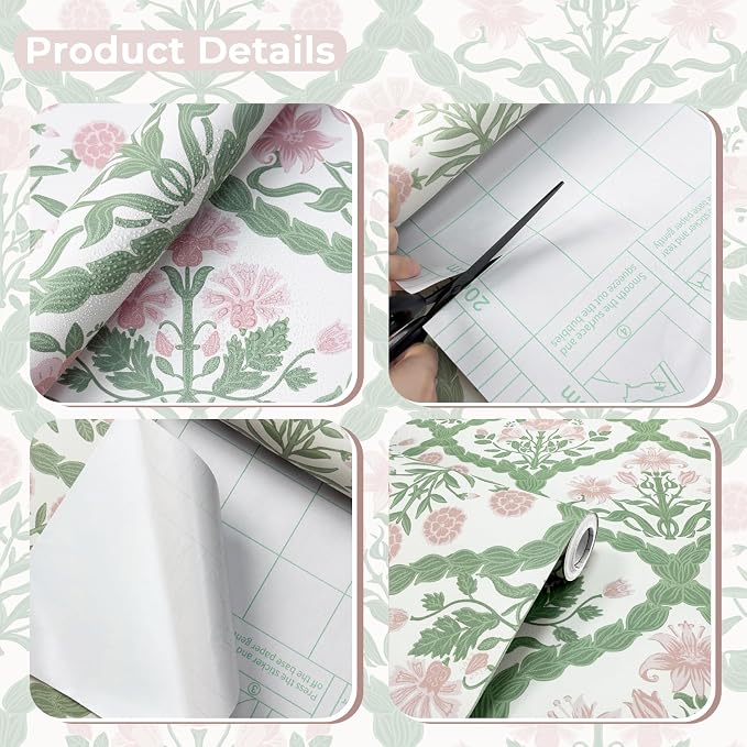 Pink Wallpaper, Rattan Weaving Floral Peel and Stick Wallpaper Boho Wall Paper Morris Style Removable Self Adhesive Bathroom Bedroom Thicken 17.3" x 78.7" - Image 2