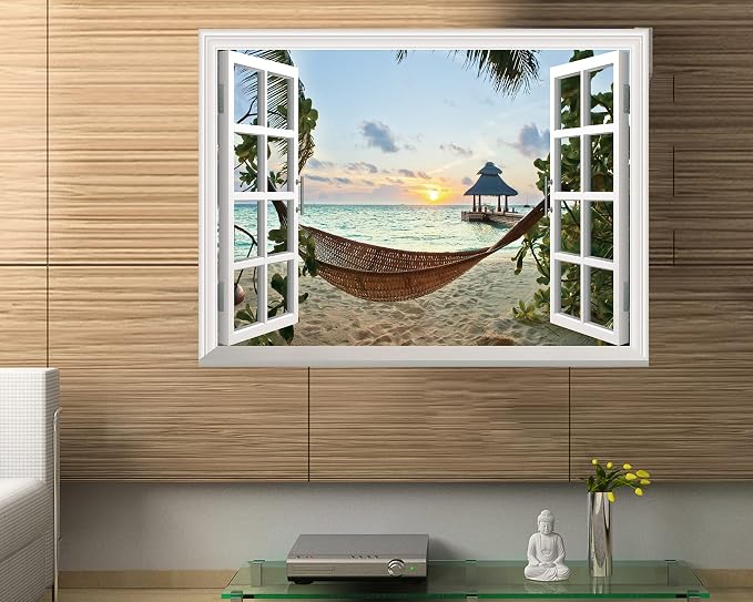 FLFK Fake Window Wall Sticker - Sunset Beach Faux Window Wall Mural for Wall Decor, Stick and Peel Wall Decals,16"x24" - Image 3