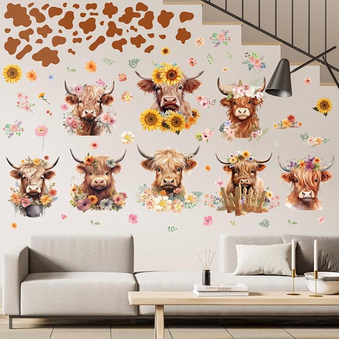 Wxiben Highland Cow Wall Decals, Cow Print Room Wall Murals Decor | Wall Stickers Decor, Removable, Peel and Stick, for Bedroom Nursery Playroom Bathroom Living Room Wall Decor - Image 5