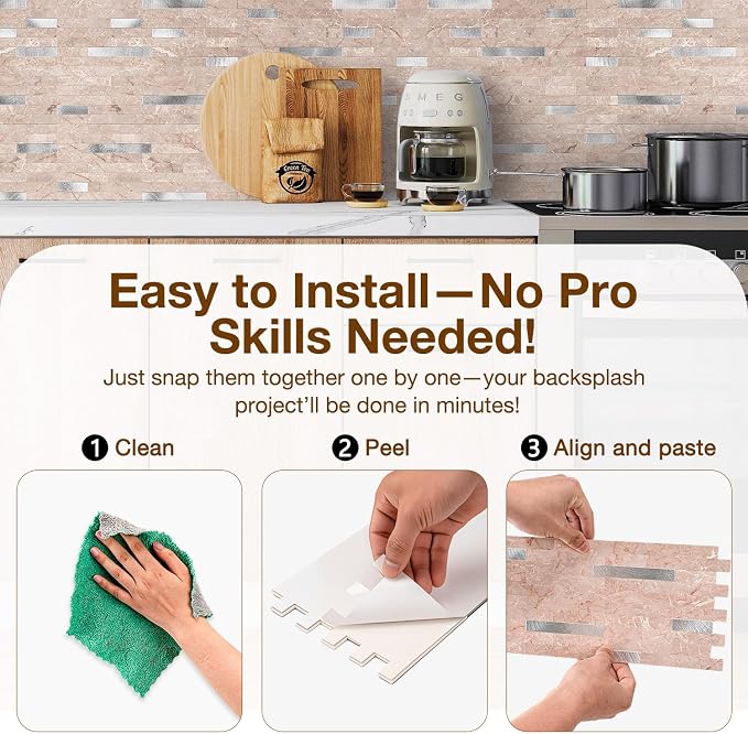 Peel and Stick Backsplash Tile Waterproof Removable PVC Wall Sticker 3D Faux Stone Marble Brick White Accent Panels (Pink Marble - Metal Silver, 20 Tiles - 9 sq. ft. (0.84 M²)) - Image 5