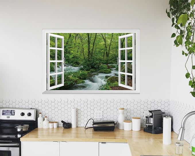 FLFK Fake Window Wall Mural - Streams in The Jungle Faux Window Wall Sticker for Wall Decor, Stick and Peel Wall Decals,48"x32",Set of 2 Sheets - Image 3