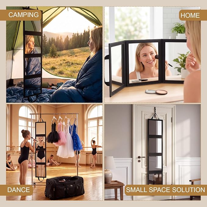 Novabright Over The Door Full Length Mirror, Foldable Hanging Acrylic Body/Makeup Mirror with Height Adjustable Hook for Bedroom Closet Bathroom, Dance Travel Camping(Black,4-Panel) - Image 5