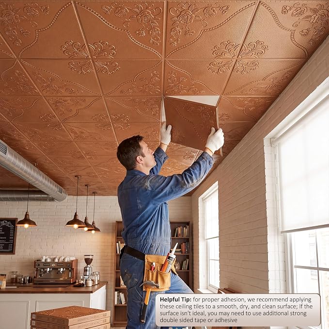 Nuanchu 40 Pcs 13.8 x 13.8 Inch Ceiling Tiles Peel and Stick, Copper | Foam White 3D Wall Panels 26-105.5 Sq. ft Adhesive Glue up Waterproof Wallpaper for DIY Office Home - Image 8
