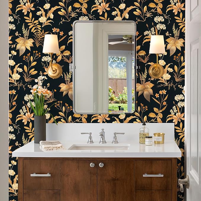 Simon&Siff Vintage Floral Peel and Stick Wallpaper 17.3" x 480" | Black Gold Botanical Contact Paper, Removable Wall Paper, Renter Friendly, for Cabinets, Furniture, DIY Decor by SimonSiff
