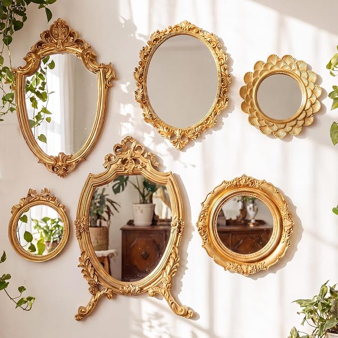 Kathfly 6 Pack Vintage Gold Mirror for Wall Gold Antique Wall Hanging Mirrors for Bedroom Decorative Resin Frame Baroque Style Assorted Sizes Tabletop Tray for Gallery Home Living Room Decor (Round) - Image 2