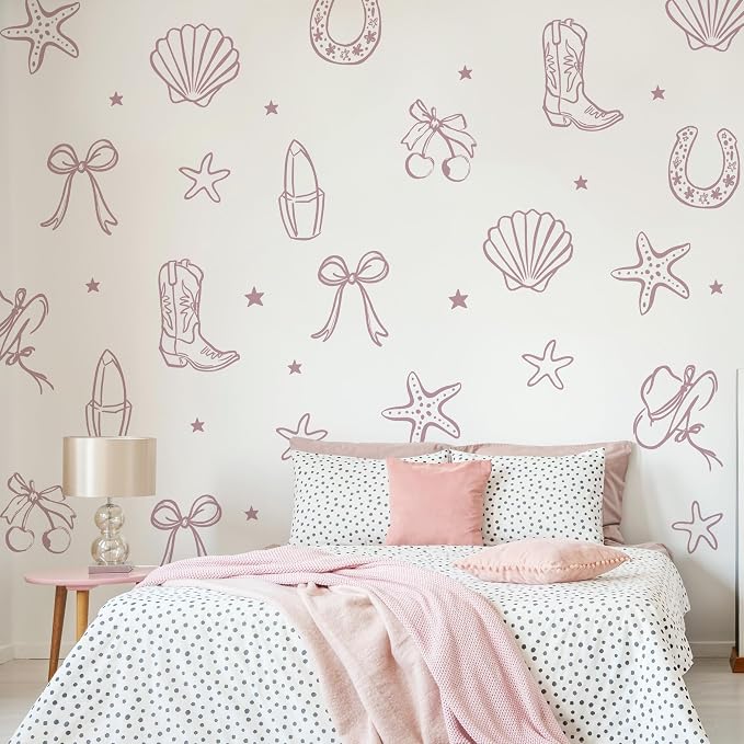 Seaside Cowgirl Wall Decals, Peel and Stick Under the Sea Coastal Cowgirl Mural, Western Beach Wall Stickers for Kids, Boys and Girls Room & Nursery Decor ((Lilac Haze Cowgirl Bow Wall Decals) by Unknown