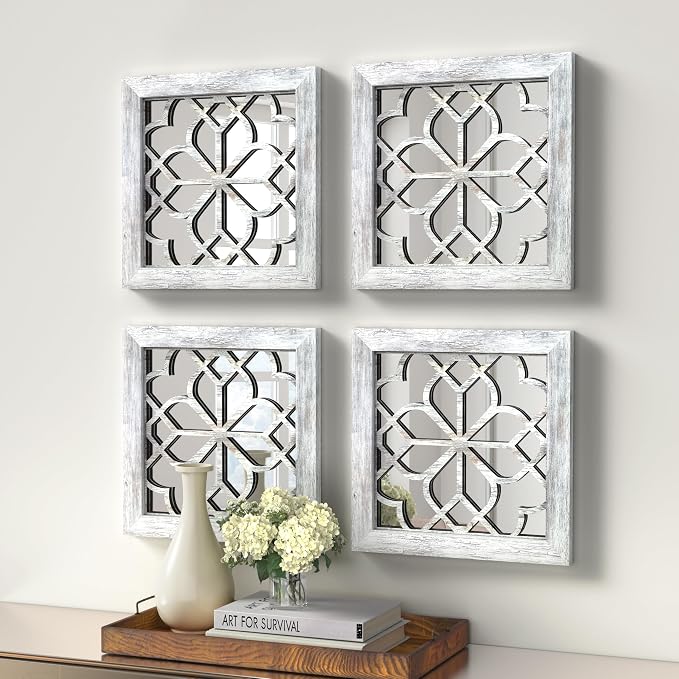 Set of 4 Boho Wall Mirrors with Carved Floral Design, 12x12 Inch Rustic Farmhouse Accent Mirrors, Vintage Style Shatterproof Square Mirror Decor for Living Room, Bedroom(Grey) - Image 7