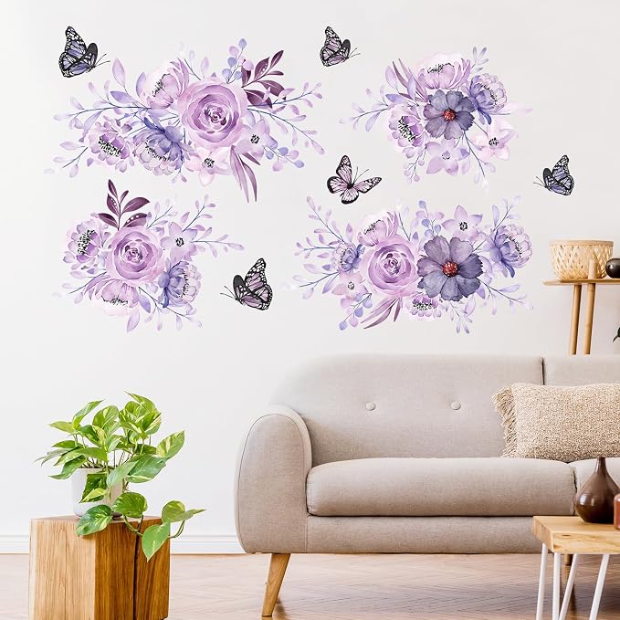 Zonon 6 Pcs Flower Wall Decals Peel and Stick Sticker, Flower and Butterfly | Vinyl Removable Wall Stickers & Mural, Rose and Butterfly Wall Decals, Purple Floral Decor for Bedroom, Living Room - Image 3