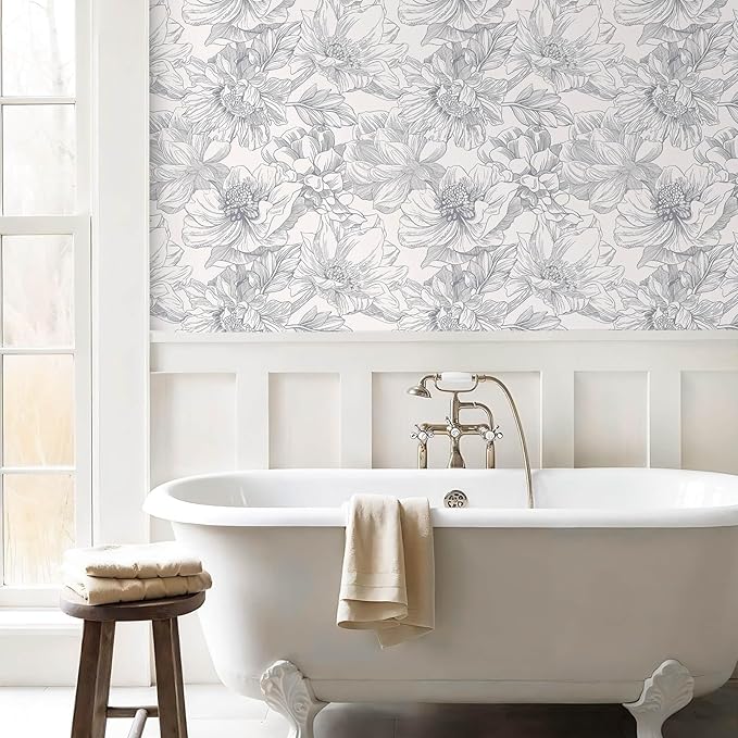 Ismoon Vintage Floral Wallpaper Peel and Stick Boho Beige and Gray Contact Paper 17.3inx6.5ft Removable Self Adhesive Wall Paper for Bathroom Bedroom Cabinet Mural Wall Decor Vinyl Renter Friendly - Image 3