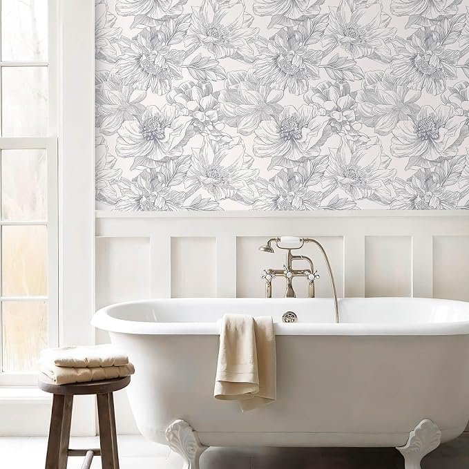 Ismoon Vintage Floral Wallpaper Peel and Stick Beige and Gray Contact Paper 17.3inx32.7ft Removable Self Adhesive Wall Paper for Bathroom Bedroom Cabinet Mural Wall Decor Vinyl Renter Friendly - Image 3