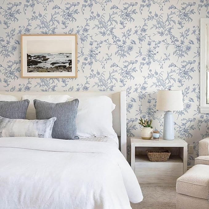 Ismoon Peel and Stick Wallpaper Floral Vintage Stick on Wall Paper Blue and White Contact Paper for Cabinet French Textured Removable Self Adhesive Wallpaper Vinyl for Bedroom Wall Deco 17.3 x 393in - Image 7