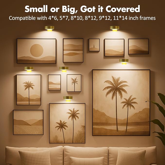 Picture Lights for Wall, Wireless Poster Lights Battery Operated, Gold | LED Magnetic Painting Light with Remote Dimmable, Timer＆3 Lighting Modes, Wall Decor Puck Light for Frame Art Display, 3 Pack - Image 6