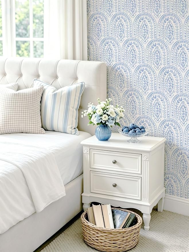 Peel and Stick Wallpaper Modern Wall Paper Boho Contact Paper Removable Peel and Stick Blue and White Self-Adhesive Wallpaper for Bathroom Bedroom Kitchen Wall Decor 17.3" x 197" - Image 2