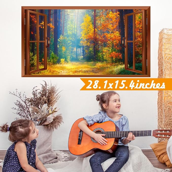 Fall Wall Stickers 3D Fake Windows Forest Trees Wall Decals Peel and Stick | Removable Fall Trees Landscape Faux Window Stickers, Thanksgiving Day Art Murals, for Bedroom Living Room Office Decoration - Image 3
