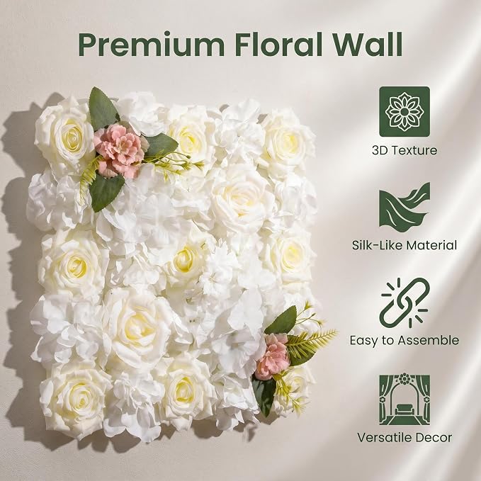 Flower Wall Backdrop, 12 Panels, 16.5x16.5 Inch, Ivory White | 3D design, realistic look, Seamless Design,eco-friendly,easy to assemble,reusable,.Suitable for weddings,Party,home décor - Image 7