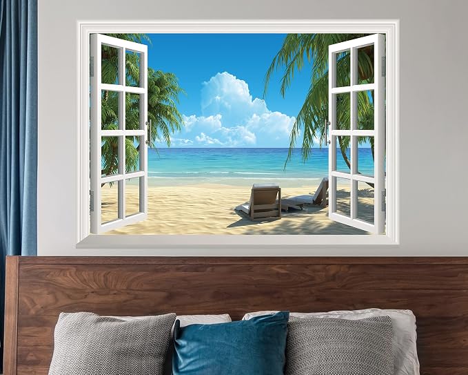 FLFK Fake Window Wall Sticker - Summer Beach Faux Window Wall Mural for Wall Decor, Stick and Peel Wall Decals,16"x24" - Image 5