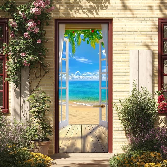 HOMETITUTE Beach Ocean Wave Pier Palm Peel Stick Door 30.3x78.7 Vinyl | Wall Cover Poster Decals Removable Wallpaper Self Adhesive Bedroom Livingroom Office - Beach Scene by HOMETITUTE