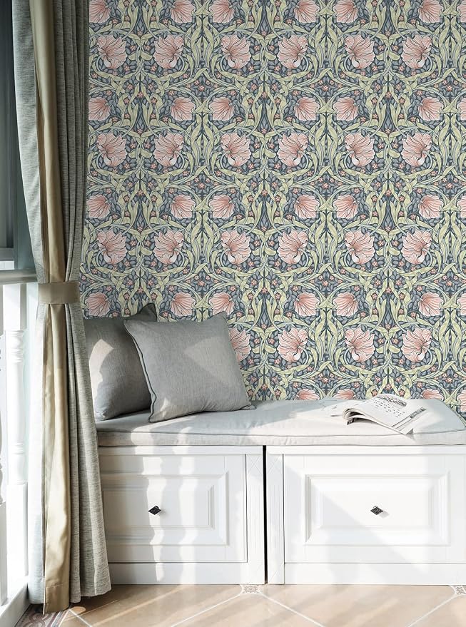 HAOKHOME William Morris Style Peel and Stick Wallpaper Floral Terracotta | Vintage Textured Renter Friendly Removable Wall Paper Grey Yellow Bathroom Bedroom Self Adhesive Contact Paper 17.3in x 9.8ft - Image 5