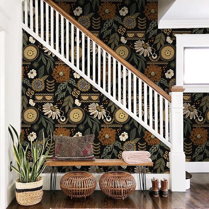 Simon&Siff Boho Floral Wallpaper Peel and Stick 17.3" x 1200" | Sun Floral Retro Contact Paper Removable Self Adhesive Contact Paper, Renter Friendly for Cabinets, Furniture, DIY Decor by SimonSiff