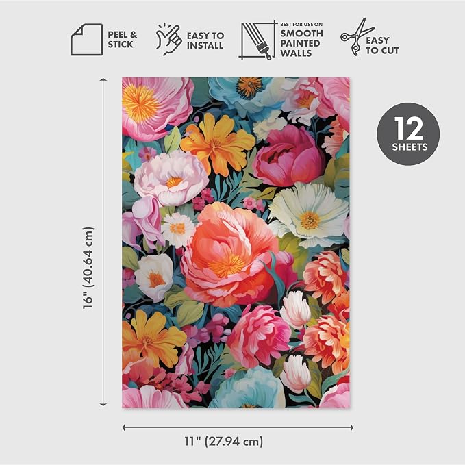 Main Street Peel and Stick Wallpaper Sheets, Vibrant Flowers, 12-Pack | 11 x 16 in sheet size; Covers up to 14.67 sq ft; Eco-friendly paper material; No paste or additional adhesive required - Image 2