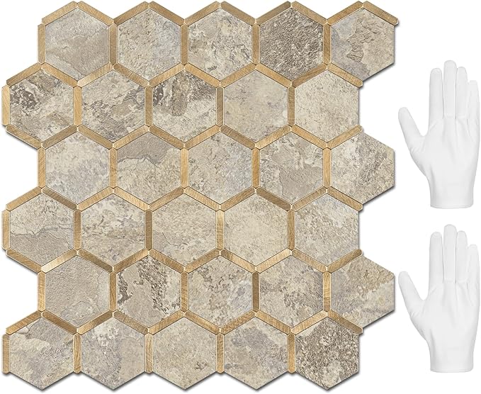 STICKGOO Hexagon Peel and Stick Backsplash Tile, Stick on Backsplash for Kitchen and Bathroom, Stone Beige PVC Mixed Metal Gold Self Adhesive Wall Tiles(10 Sheets, Seamless) by STICKGOO