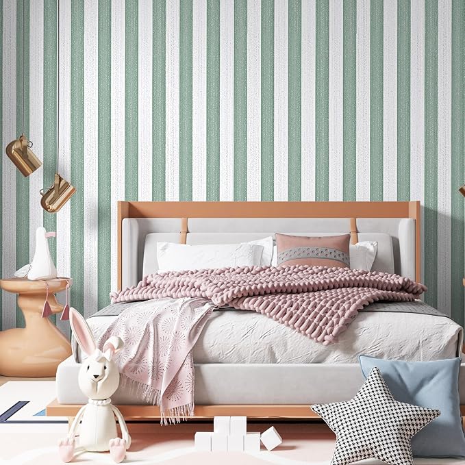 Green Stripe Peel and Stick Wallpaper 15.7" x 118" | Green and White Striped Boho Self-Adhesive Contact Paper Removable Waterproof Wallpaper for Bedroom,Cabinets,Drawer Liners - Image 2