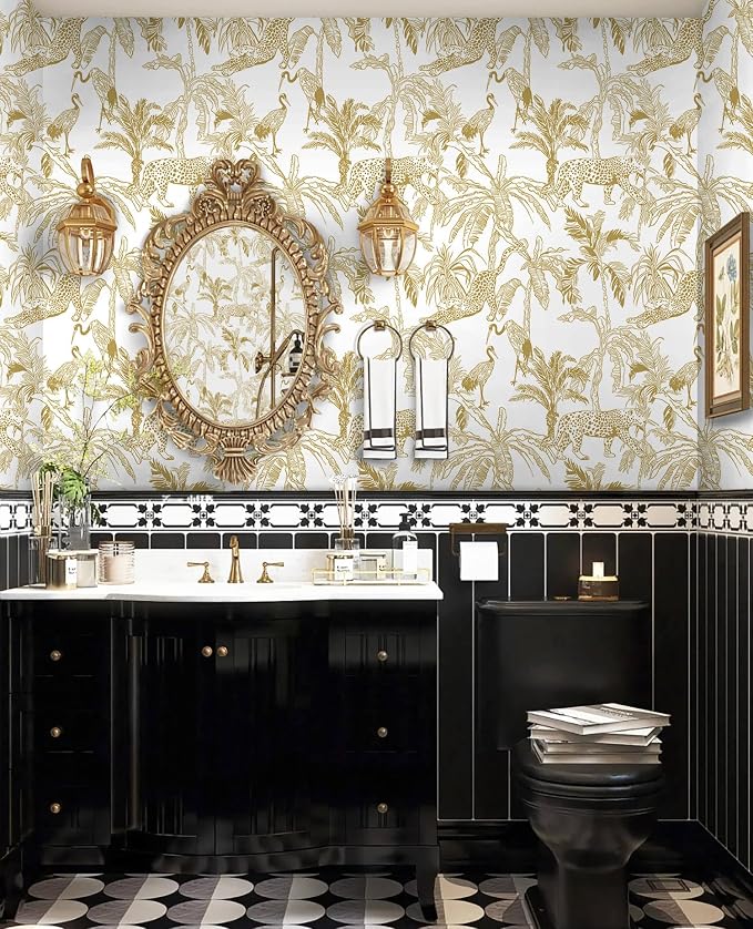 Heroad Boho Leopard Peel and Stick Wallpaper White and Gold Contact Paper Jungle Animal Wall Paper Removable Self Adhesive Wallpaper for Bedroom Entryway Cabinet Bathroom Waterproof Vinyl 17.3"x78.7" - Image 9