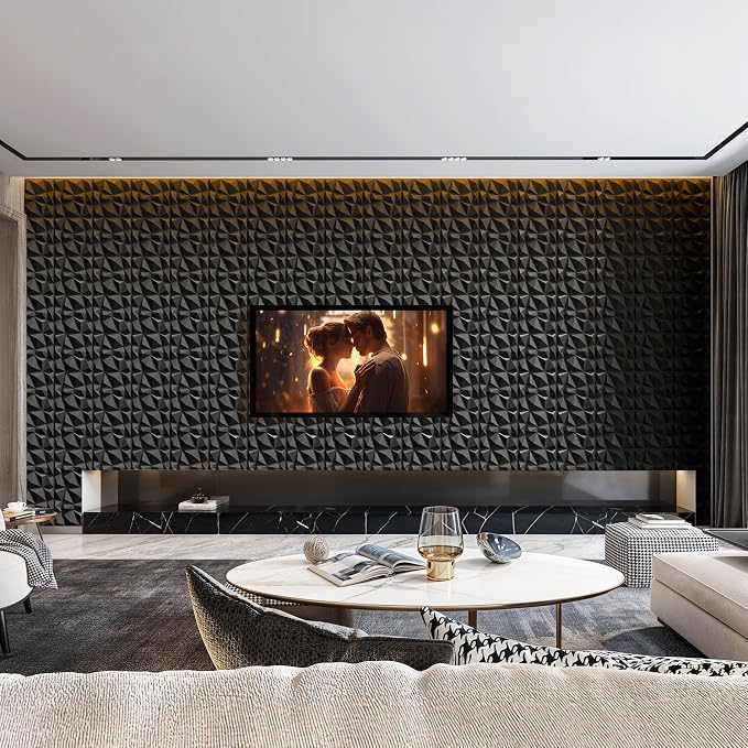 INMOZATA 3D Wall Panels, Diamond Textured PVC Accent Wall Panels | 33-Pack 12" x 12" PVC Decorative Wall Panels for Interior Wall Decor, TV Gaming Living Room, Bedroom Background, Black - Image 5