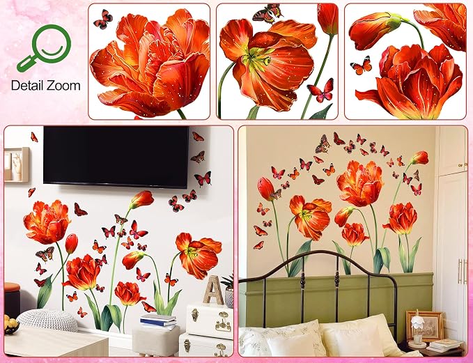 LiveGallery Large Pink Red Flowers Wall Stickers Removable Floral and Butterfly Wall Decal DIY Tulips and Green Leaf Vine Wall Decor for Kids Teens Girls Women Bedroom Nursery Living Room Decoration - Image 3