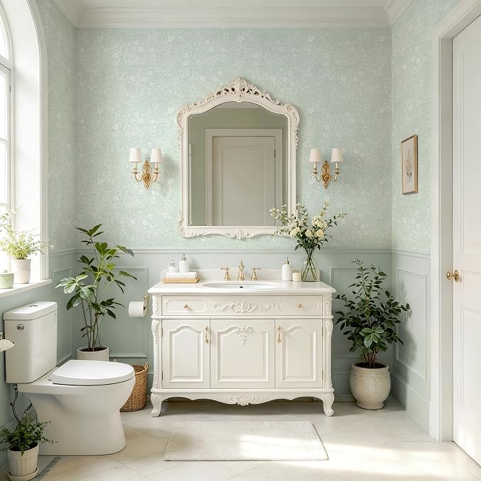 Guvana Sage Green and White Peel and Stick Wallpaper Floral Wallpaper Slef Adhesive Removable Waterproof Contact Paper Boho Wall Paper for Living Room Bathroom Bedroom Kitchen 17.3“×197” - Image 3