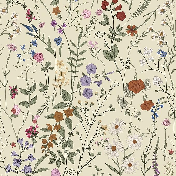 JiffDiff Floral Wallpaper Peel and Stick- 1181" x 17.3" Farm Floral Wall Paper, Wildwood Daisy Self Adhesive Stick On Wallpaper Removable Contact Paper by wallpaper