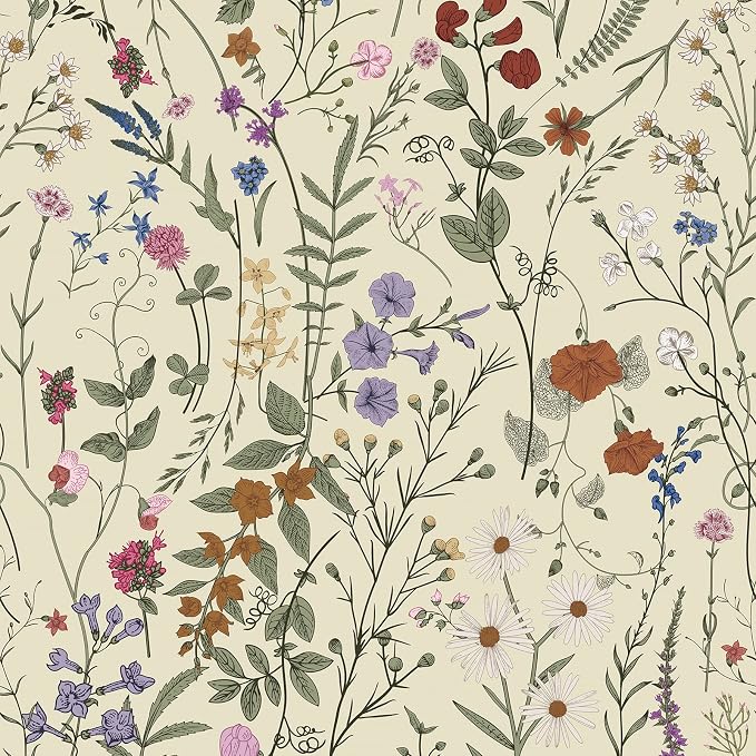 JiffDiff Floral Wallpaper Peel and Stick - 473" x 17.3" Farm Floral Wall Paper, Wildwood Daisy Self Adhesive Stick On Wallpaper Removable Conatct Paper by wallpaper