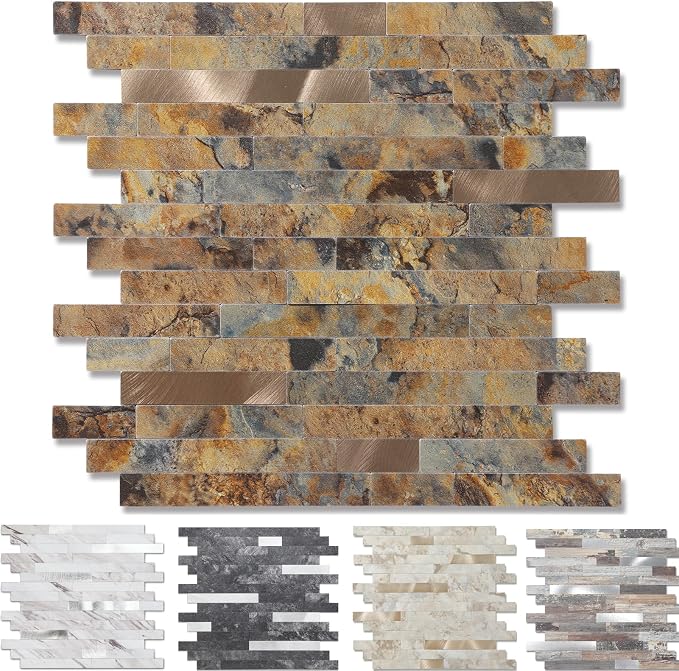 Yipscazo Peel and Stick Stone Metal Backsplash, Stick on Tiles for Backsplash Kitchen (Brown Stone Rock, 5-Pack) by Yipscazo