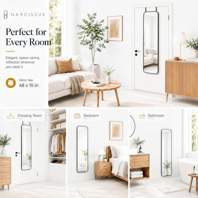 NARCISSUS Over the Door Full Length Mirror 47x14 Inch, Wall Mounted Dressing Mirror, Door Hanging Full Body Mirror HD Reflection Glass for Bedroom, Aluminum Alloy Frame Black - Image 4