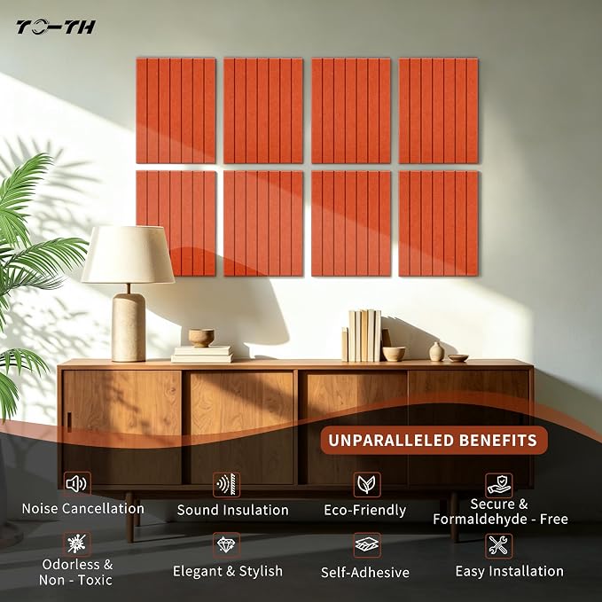 TO-TH Acoustic Panels Peel and Stick Sound Wall Panel 12 Pack, Honey Orange | Self-Adhesive, Sound Absorbing Panels, 100% Polyester Fiber, 11.8"×15.7"×0.35", Acoustical Treatment for Studio, Office, Home - Image 4