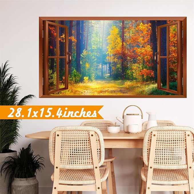 Fall Wall Stickers 3D Fake Windows Forest Trees Wall Decals Peel and Stick | Removable Fall Trees Landscape Faux Window Stickers, Thanksgiving Day Art Murals, for Bedroom Living Room Office Decoration - Image 5