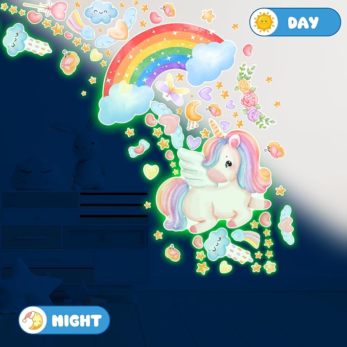 Large Unicorn and Rainbow Wall Decals Glow in The Dark, Cute Stars Stickers for Baby Girls Room, Luminous Ceiling Decor for Bedroom Playroom Nursery - Image 3