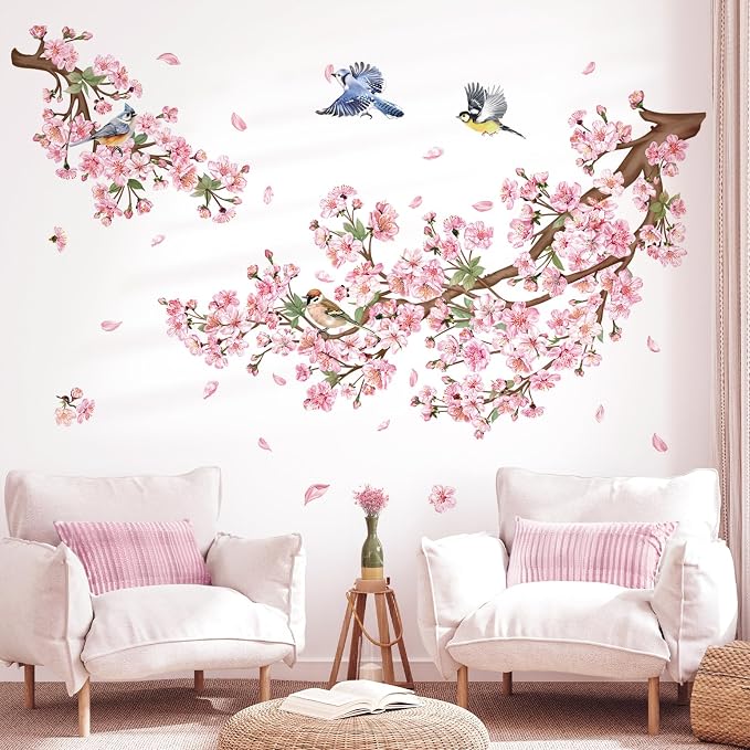 decalmile Cherry Blossom Branch Pink Floral Birds Sofa Wall Decals Stickers - Image 2