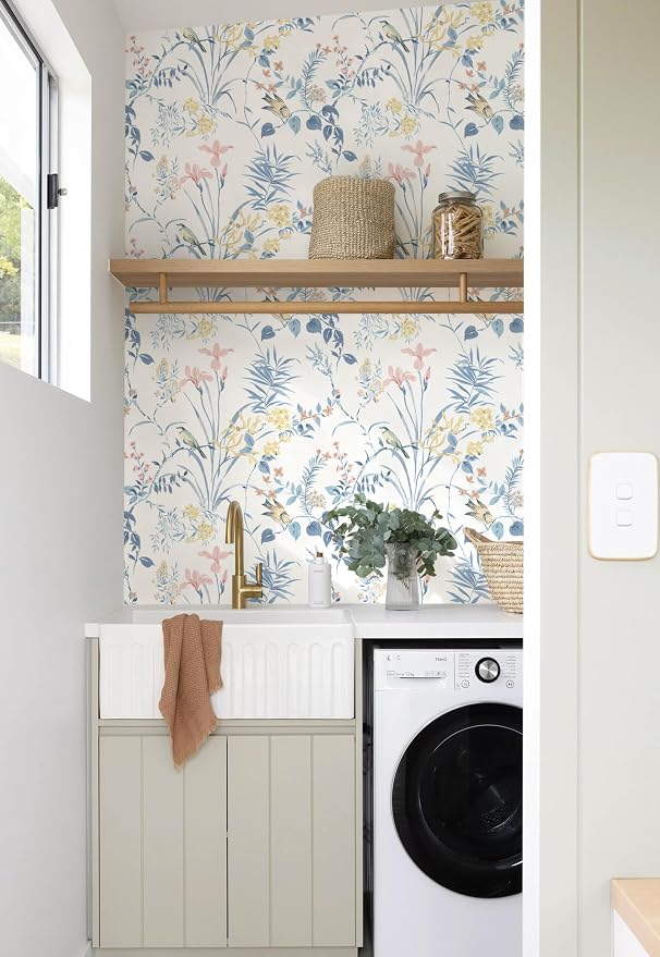 Erfoni Boho Floral Peel and Stick Wallpaper Blue Floral Birds Contact Paper | 16.9" x118" DIY Self Adhesive Removable Wallpaper for Livingroom Cabinet Decor Modern Flower Leaf Wallpaper Vinyl Roll - Image 6