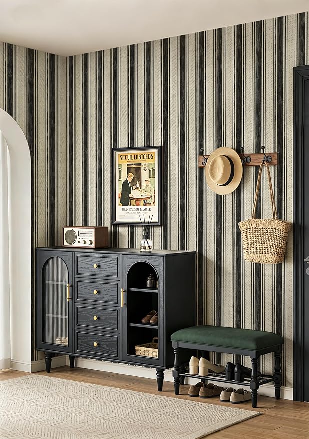 Safiyya Peel and Stick Wallpaper Black and Cream White 17.3"×197" Hand-Painted Striped Contact Paper Beige Vintage Wall Paper Self Adhesive Removable Wallpaper for Bedroom Bathroom Vinyl - Image 3