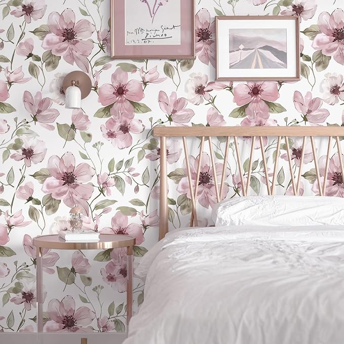 Ismoon 17.3''x393''Peel and Stick Wallpaper Boho Floral Contact Paper Pink Watercolor Flowers Leaf Wallpaper Removable Self-Adhesive Wall Paper for Bedroom Renter Friendly Vinyl - Image 6