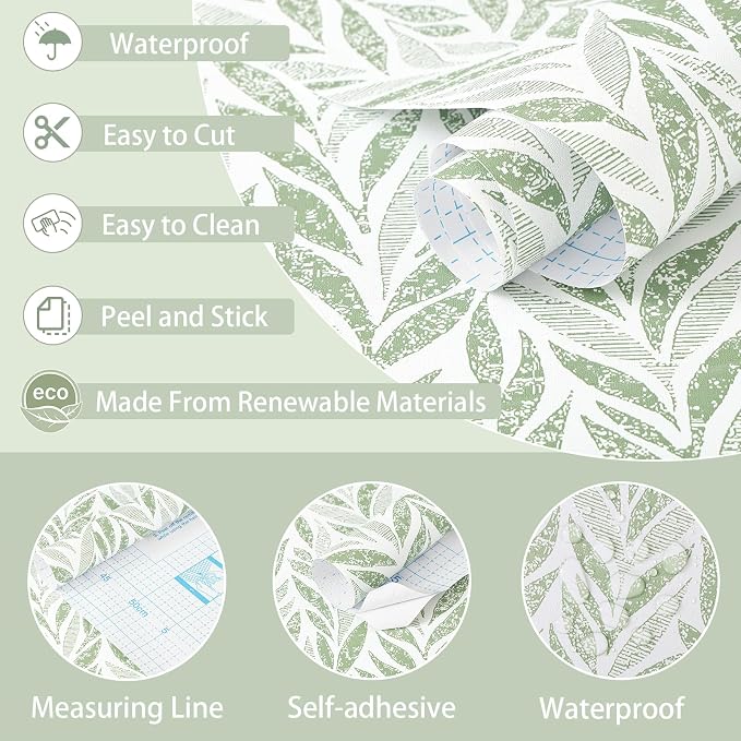 Safiyya Green Leaf Peel and Stick Wallpaper 787"x17.3" Boho Modern Farmhouse Wall Paper Sage Contact Paper Waterproof Self Adhesive Removable Wallpaper for Bedroom Bathroom Vinyl Roll - Image 6