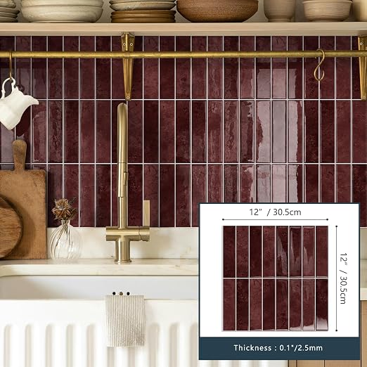 10 Sheets Upgraded Thicker Design Subway Tile Peel and Stick Backsplash | 12”×12”Self Adhesive Vinyl Wall Tiles Stick on Back Splash for Kitchen,Bathroom,Camper(Vintage Red) - Image 5