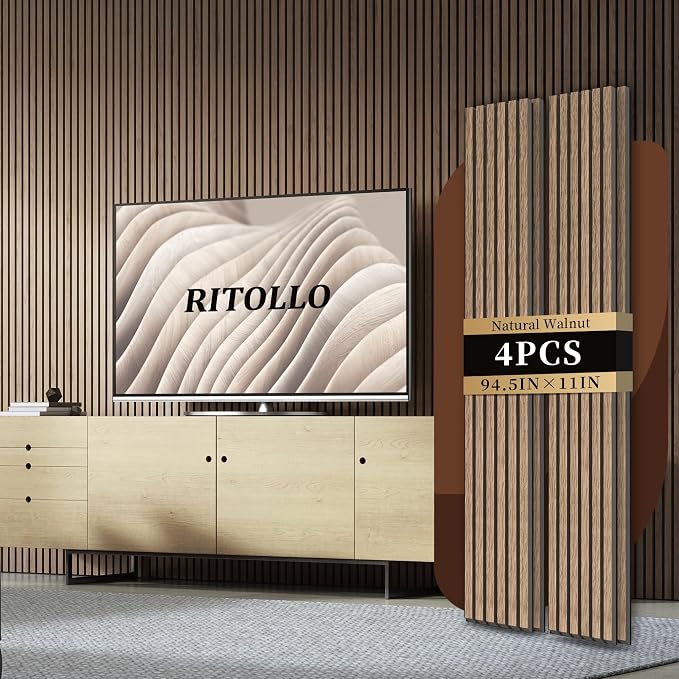 RITOLLO 4-Piece Wood Slat Panels for Wall 94.5"×11" Acoustic Panels for Interior Wall Decor 3D Fluted Sound Absorbing Panel - Natural Walnut | Interior Wall Décor • 3D Fluted Design • Sound Absorbing • Easy Installation • Lightweight by Ritollo