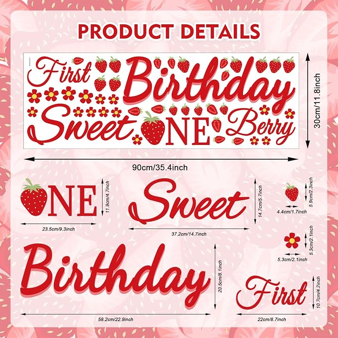 LHIUEM Berry First Birthday Sweet One Decals Baby Girl Sweet Stickers Gift 1st Strawberry Theme Decorations Red Berry Strawberry One First Happy Birthday Party Supplies for Balloon Arch Photo Backdrop - Image 7