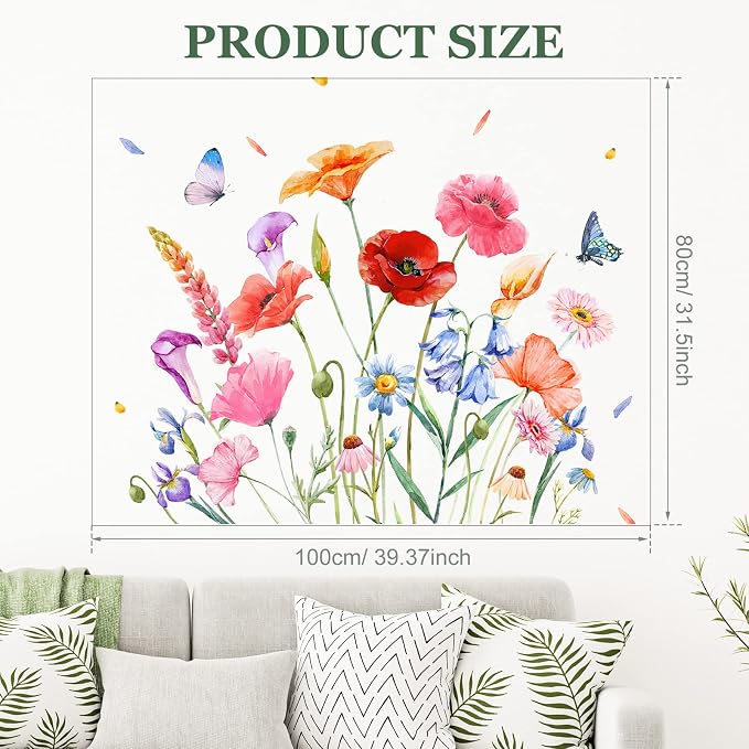 Zonon 6 Pcs Flower Wall Decals Peel and Stick Sticker, Exquisite | Vinyl Removable Wall Stickers & Murals, Colorful Butterfly Wall Decals, Poppy Wildflower Decor for Bedroom, Living Room - Image 6