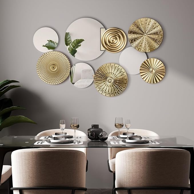 Blulu 9 Pcs Gold Mirror Wall Decor Metal Round Home Art Decor Decorative Modern Circle Mirror Wall Art Sculpture Hanging Decorations for Home Living Room Office - Image 2