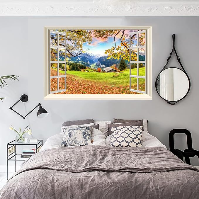 Fake Window Wall Decal- Fall Mountain Tree Grassy Hills Open Wall Sticker | Faux Window Autumn Mountain Rustic Hut Natural Landscape Mural｜Stick and Peel Wall Decals｜Room Decor｜48"x32",Set of 2 Sheets - Image 7