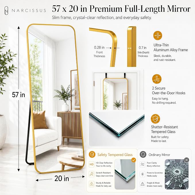 NARCISSUS Full Length Mirror 57x20 Inch, Over The Door Mirror with Stand, Wall Mounted or Freestanding/Door Hanging Full Body, Aluminum Alloy Frame, Gold - Image 2
